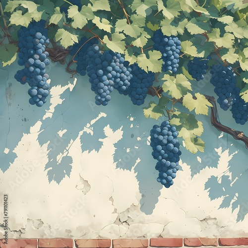Delicious blue grapes hanging from vines in an old wall - Perfect for still life photography or advertising.