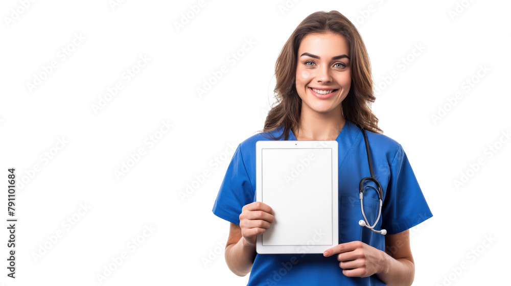 Closeup female nurse doctor in blue medical suit and stethoscope holding in hand a tablet computer with blank screen for mockup on isolated white background with space for copy Closeup female nurse doctor in blue medical suit and stethoscope holding in hand a tablet computer with blank screen for mockup on isolated white background with space for copy