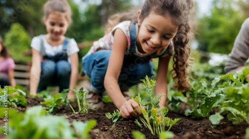 Group of children planting vegetables in a community garden