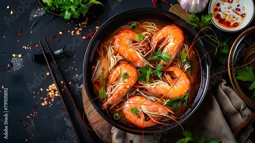 bowl containing soup with shrimps and noodles, in the style of food photography 