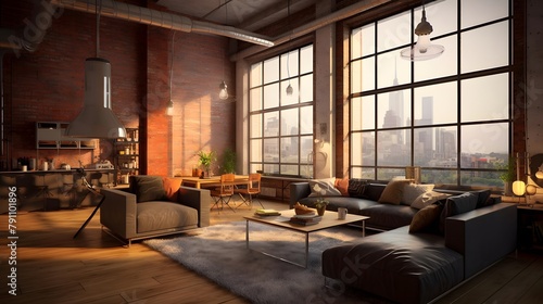 Modern loft living room with panoramic window. 3d rendering