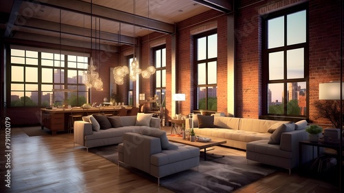 Panoramic view of modern living room interior with panoramic windows