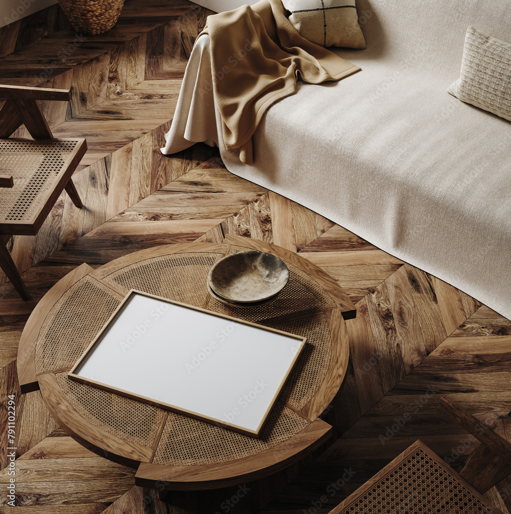 Naklejka premium Mockup frame in nomadic boho interior background with rustic decor, 3d render