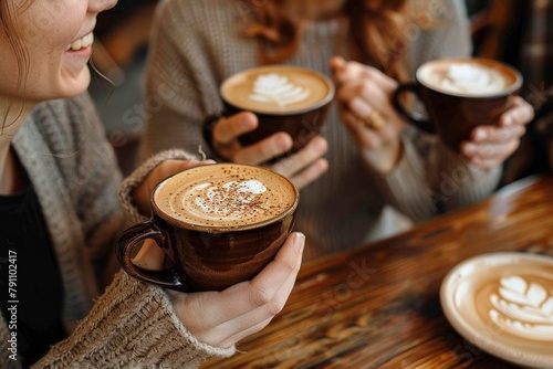 A close-up of a person's hands holding a mug of coffee with a detailed foam art, in a cozy indoor setting © Pinklife