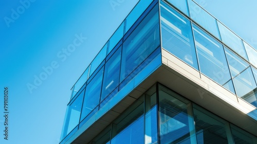Modern building architecture with glass window wall on blue sky background. AI generated