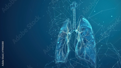 Human lungs organ anatomy wire frame illustration on blue background. AI generated