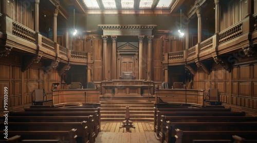 Luxury empty retro classic courtroom building interior in wooden style. AI generated image photo