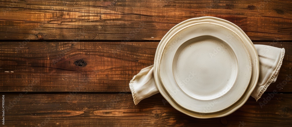 An image showing a clean plate and a folded napkin on a brown wooden surface, with empty space for text. Viewed from above. An image showing a clean plate and a folded napkin on a brown wooden surface, with empty space for text. Viewed from above.