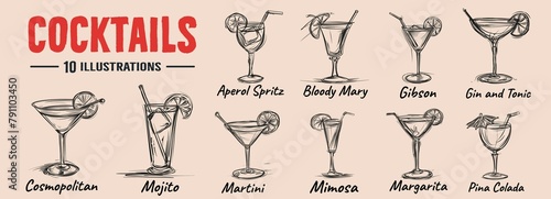 Alcoholic cocktails vector illustration.Sketch set.Bloody mary, pina colada, mojito, margarita,Mimosa, margarita.