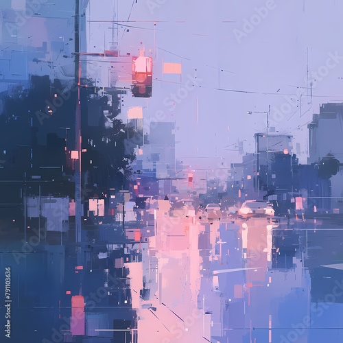 Peaceful Urban Scene with Raining Light and Color, Charming Street Painting