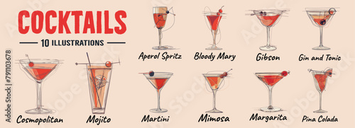 Alcoholic cocktails  vector illustration.Bloody mary, pina colada, mojito, margarita,Mimosa, margarita.