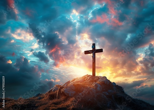 The cross of Jesus Christ against the background of beautiful clouds and rays of light on top of mountain, silhouette of wooden cross symbolizing death and glory of God in heaven