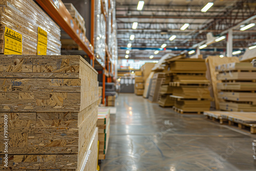 vast selection of OSB sheets in a hardware store warehouse, with stacks of panels neatly arranged and labeled for easy access, against a clean and well-lit background that emphasiz photo