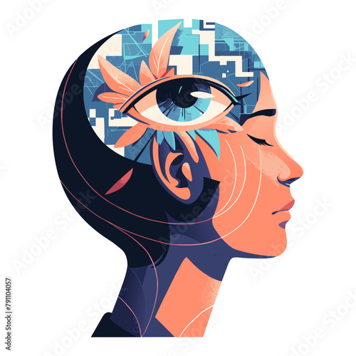 Self knowledge and development, profile head of woman with eye inside. Mental health. Eye as symbol insight and intuition, seeing oneself clearly. Self-management. Vector illustration