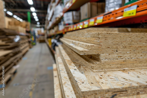 detailed photograph highlighting the durability and versatility of OSB sheets in a hardware store warehouse, with stacks of panels displayed in an organized manner, against a backd photo