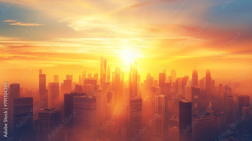 City buildings skyline with urban skyscrapers at golden sunset view. AI generated image