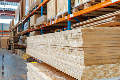 efficiency and organization of a hardware store warehouse, with stacks of OSB sheets neatly arranged and ready for purchase, against a backdrop of industrial shelving and storage c
