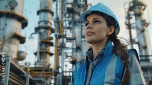 Woman engineer inspecting industrial oil refinery wearing hard hat and blue vest. AI generated © saifur