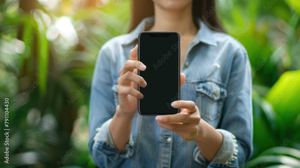 Portrait woman holding smartphone with black blank screen for mock up template. AI generated