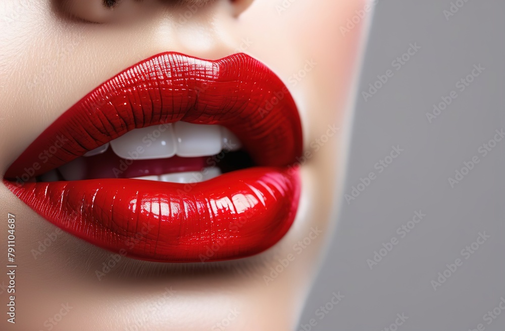 Lips with red lipstick. The mouth is slightly open. Rich atmospheric picture. Cosmetics, bright evening makeup Lips with red lipstick. The mouth is slightly open. Rich atmospheric picture. Cosmetics, bright evening makeup