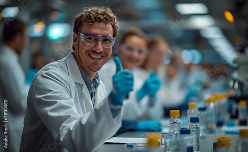 A happy male scientist wearing a white lab coat, blue gloves and glasses, modern laboratory, He's giving a thumbs up while smiling