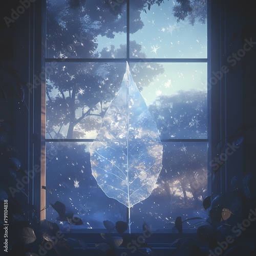 Vibrant Blue and Green Snowflake Leaf Illustration on a Serene Winter Window Scene