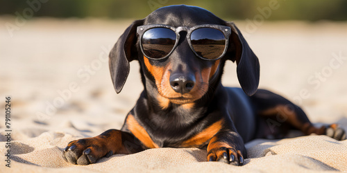 A cute and beautiful black and brown dog with sunglasses lie on the beach .