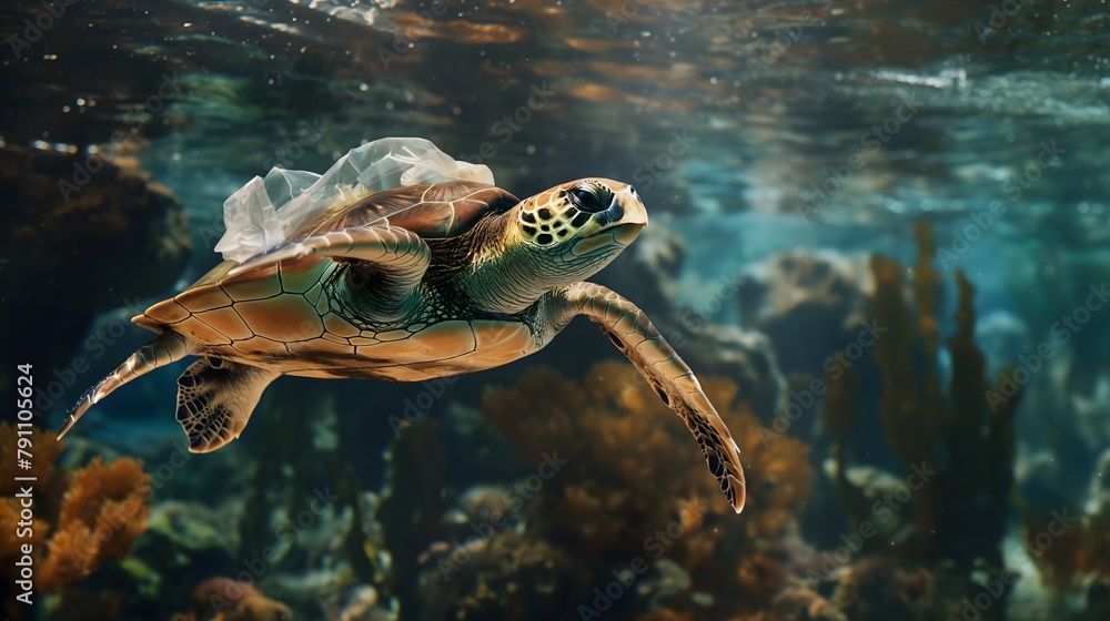 A sea turtle was swimming in the ocean with an empty plastic bag on its ...