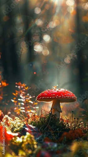Vibrant fly mushroom perched verdant field sunlit forest glade, inviting wonde striking appearance