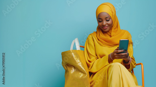 Happy African Muslim woman in abaya hijab using mobile phone while sitting on the armchair and looking at the camera on isolated blue background with space for copy