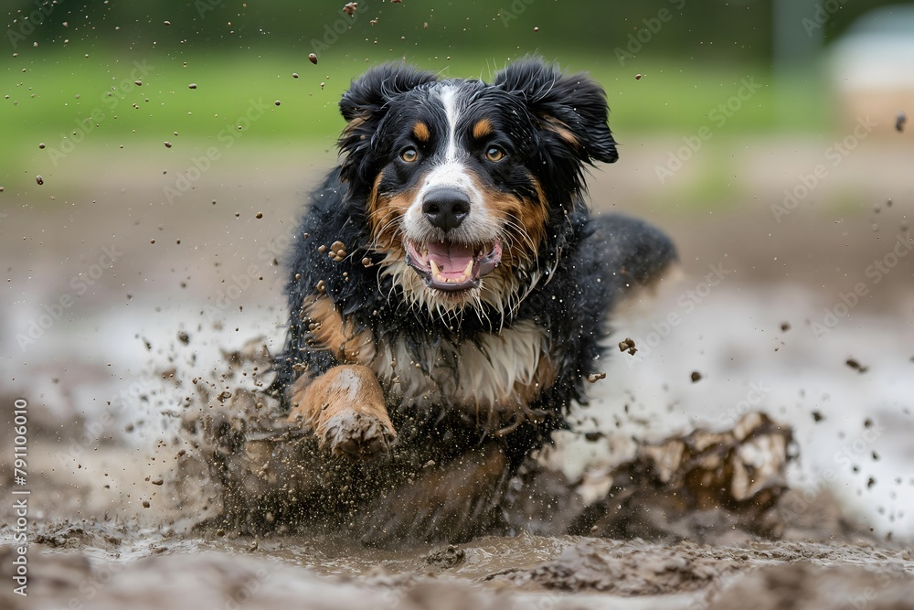 Bernese mountain dog playing and jumping in the mud, summer day, really dirty fur, mud splash Bernese mountain dog playing and jumping in the mud, summer day, really dirty fur, mud splash