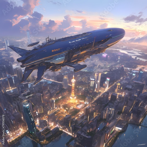 An awe-inspiring depiction of a massive airship soaring above an illuminated city during the golden hour. This image captures the essence of advanced technology and urban beauty in perfect harmony.
