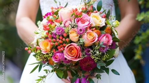 Wedding flowers to decorate the wedding bouquet of the bride. Decoration with brightly colored roses and other ornamental plants