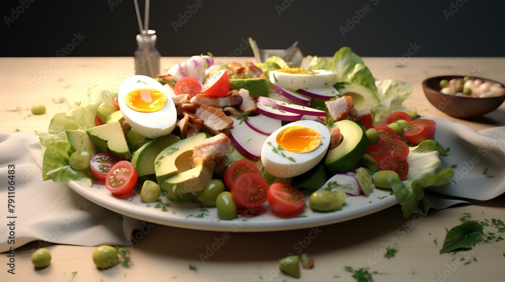 A plate of salad with boiled eggs, bacon, cucumbers, tomatoes and corn. A plate of salad with boiled eggs, bacon, cucumbers, tomatoes and corn.