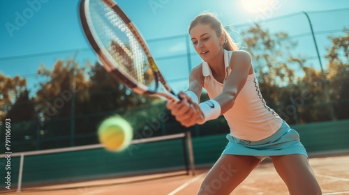Serving on a sunny day: a vivid image of a tennis player serving the ball accurately and confidently. woman playing tennis on the court outdoors © Daria Lukoiko