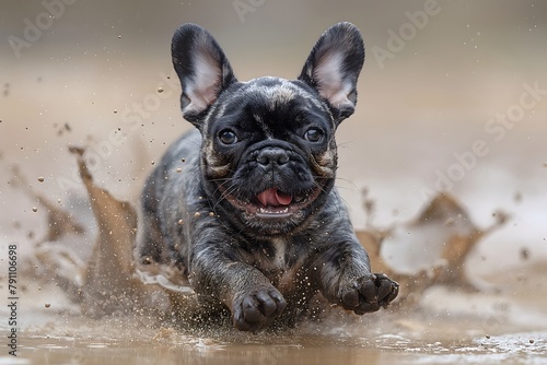 French Bulldog playing and jumping in the mud, summer day, really dirty fur, mud splash
