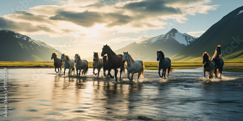 A herd of horses near the river in beautiful landscape. photo