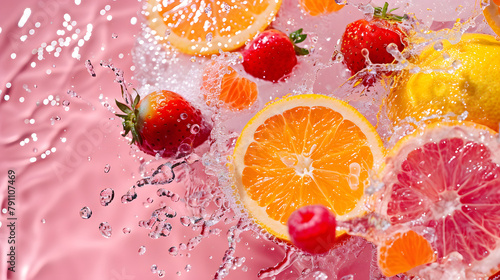 Vibrant pink commercial background with fresh fruits and splashing water