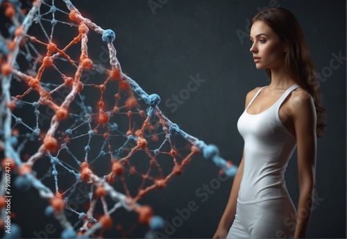 woman with a perfect body next to DNA stems. Weight loss concept. Improving metabolism concept.. Video blog concept, blogger. Very realistic, 8k quality, hyper realistic, ultra realism