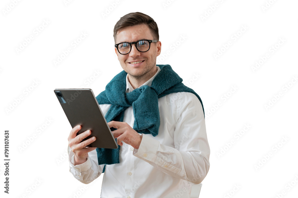 Male student and tablet, positive in glasses smiling company employee, cut out background