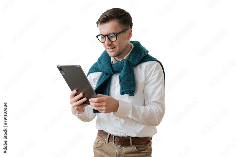 A male student and a tablet, a positive one with glasses, a company employee working, a cut-out background A male student and a tablet, a positive one with glasses, a company employee working, a cut-out background