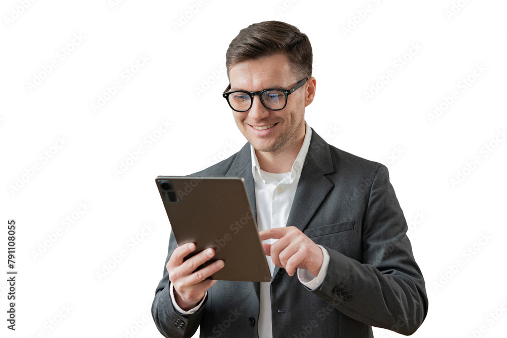 A male manager and a tablet, a positive one with glasses, an office employee working, a cut-out background