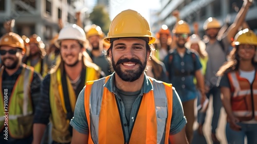 Construction workers in safety gear celebrating Labor Day in the United States. Concept Labor Day Celebrations, Construction Workers, Safety Gear, United States, Festive Atmosphere