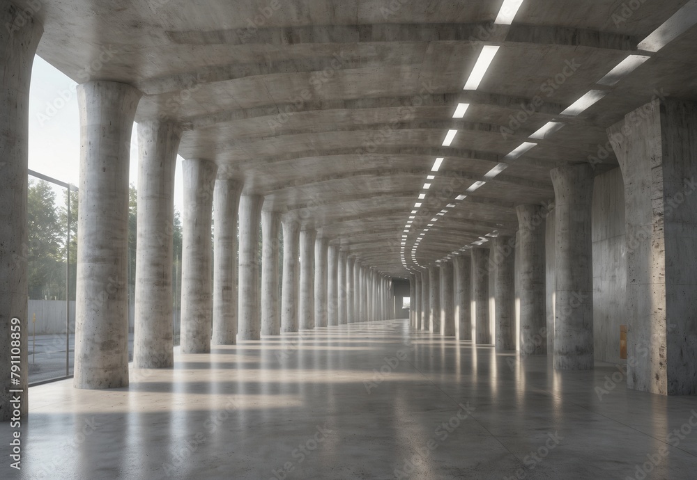 Modern elegant architecture grunge concrete columns cement reflective underground corridors garage gallery gallery tunnel corridor. Very realistic, 8k quality, hyper realistic, ultra realism. Very rea