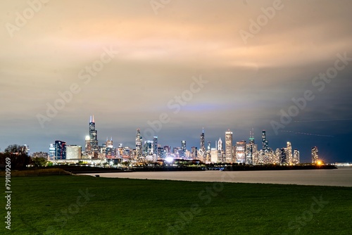 Nighttime in the Park at the 31st Street Harbor with the Chicago Skyline in the Background photo