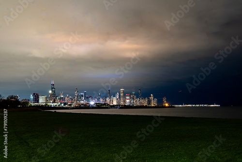 Nighttime in the Park at the 31st Street Harbor with the Chicago Skyline in the Background