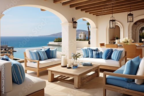 Coastal Furniture Delight: Mediterranean Seaside Patio Ideas with Blue Accents © Michael