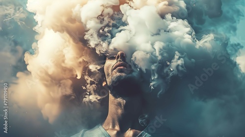 A person is visible from the shoulders up, engulfed in thick, swirling smoke that surrounds the head and upper body. The individual appears serene, with closed eyes and a slight tilt of the head upwar photo