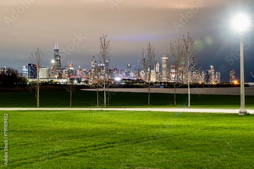 Nighttime in the Park at the 31st Street Harbor with the Chicago Skyline in the Background photo