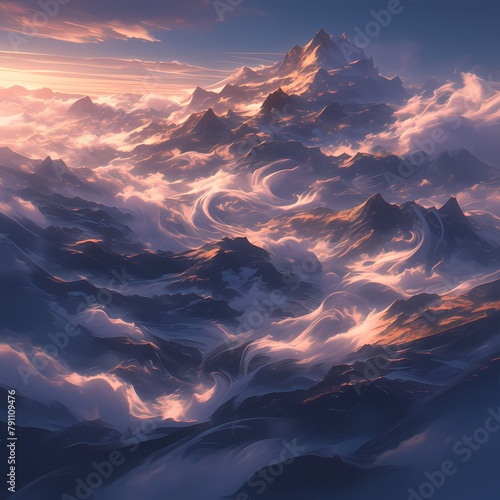 Ethereal Landscape with Soft Clouds Gently Lapping at Sharp Mountain Peaks, Perfect for Nature or Spirituality-Related Marketing.